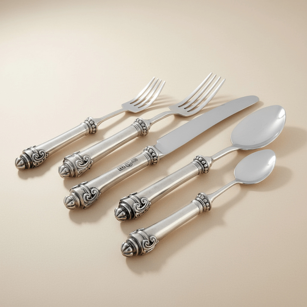 Set of silver cutlery with ornate handles on a beige background