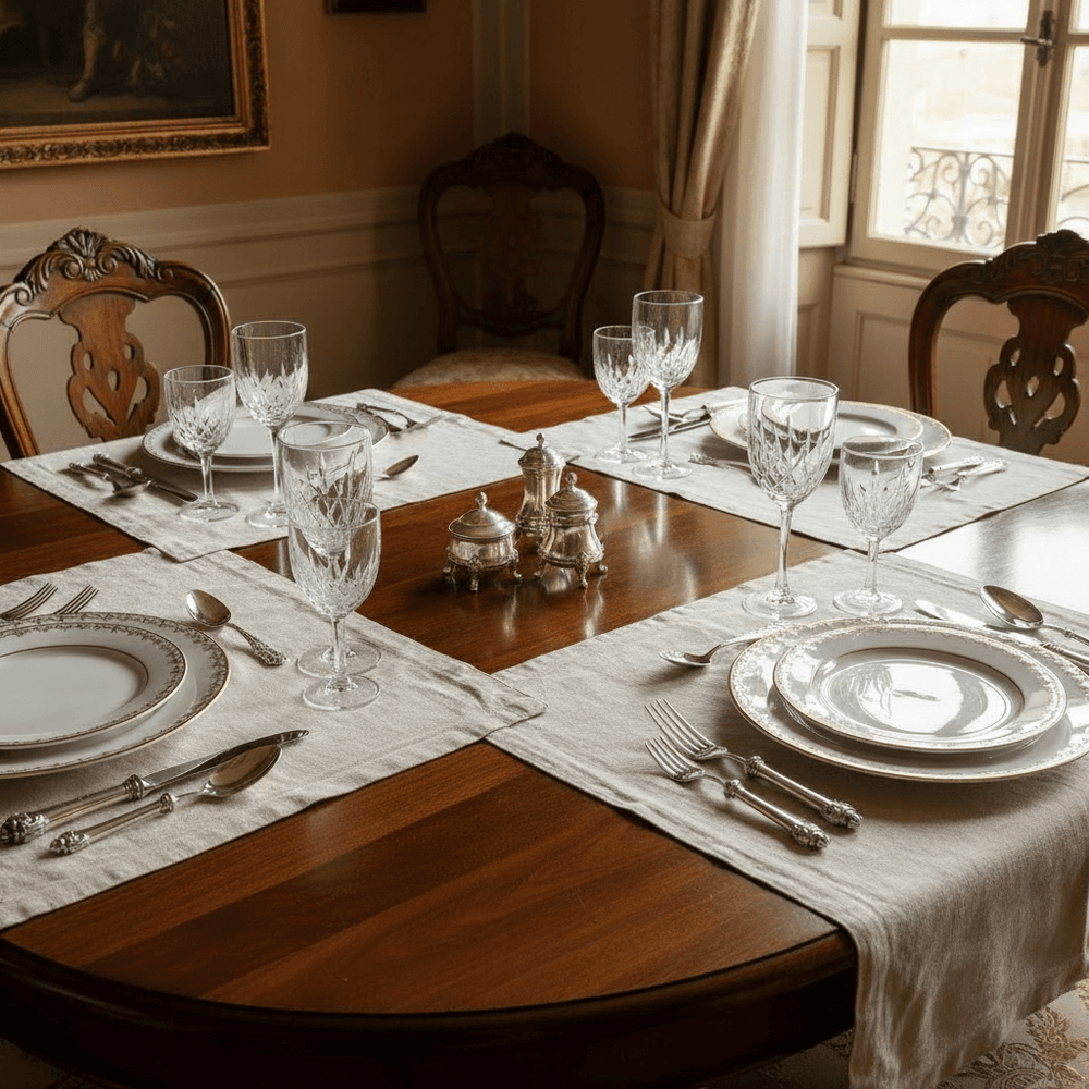 Set of silver cutlery, tableware and glassware on an antique dining table