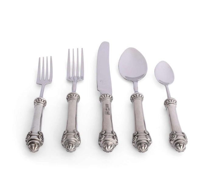 Set of silver cutlery including forks, knife, and spoons on a white background
