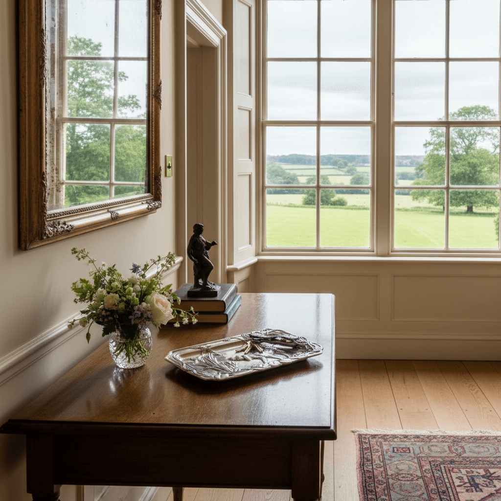 Room with large windows, wooden table, and decorative items.