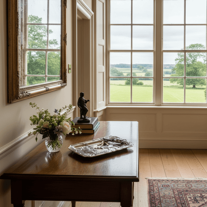 Room with large windows, wooden table, and decorative items.