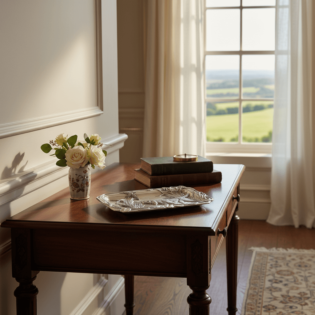 Wooden table with a vase of flowers, books, and a silver tray in a room with a large window.