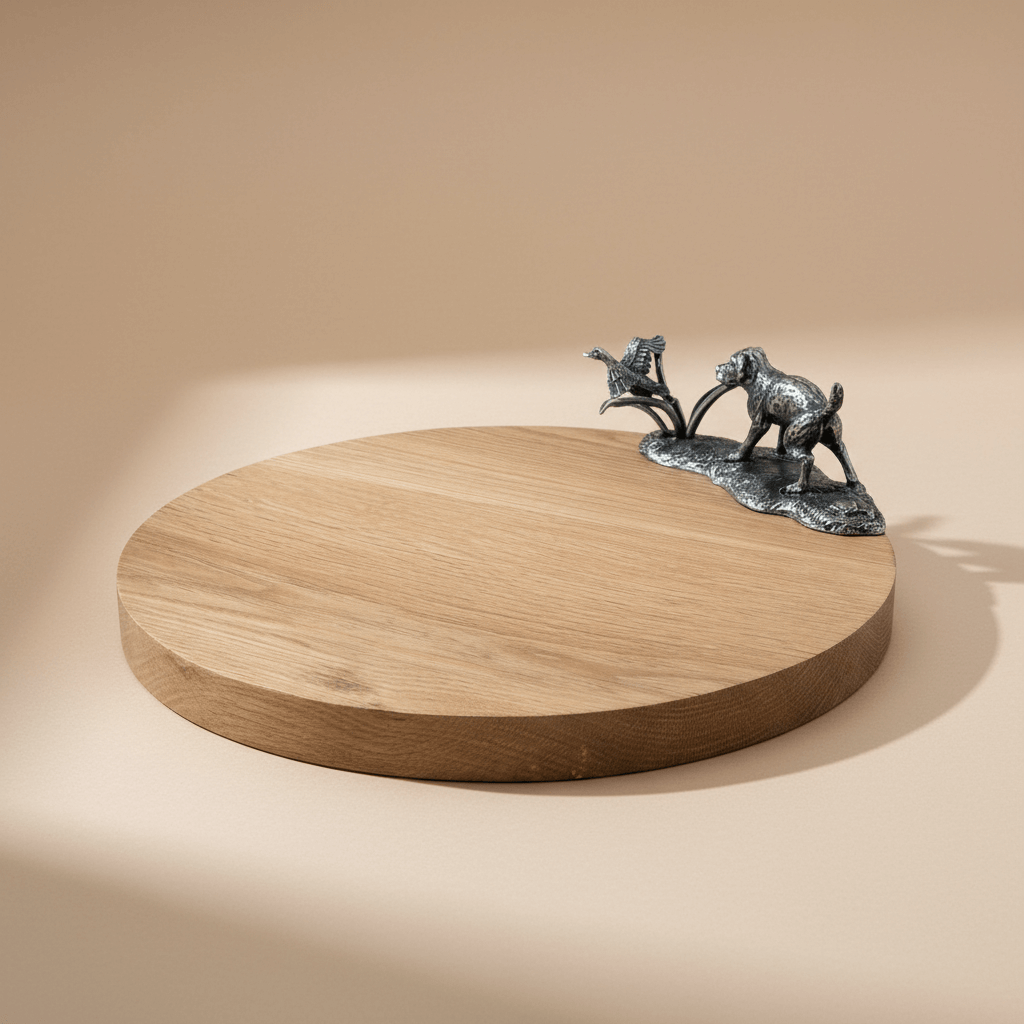 Wooden round cheese boards with a decorative metal dog figurine on a beige background