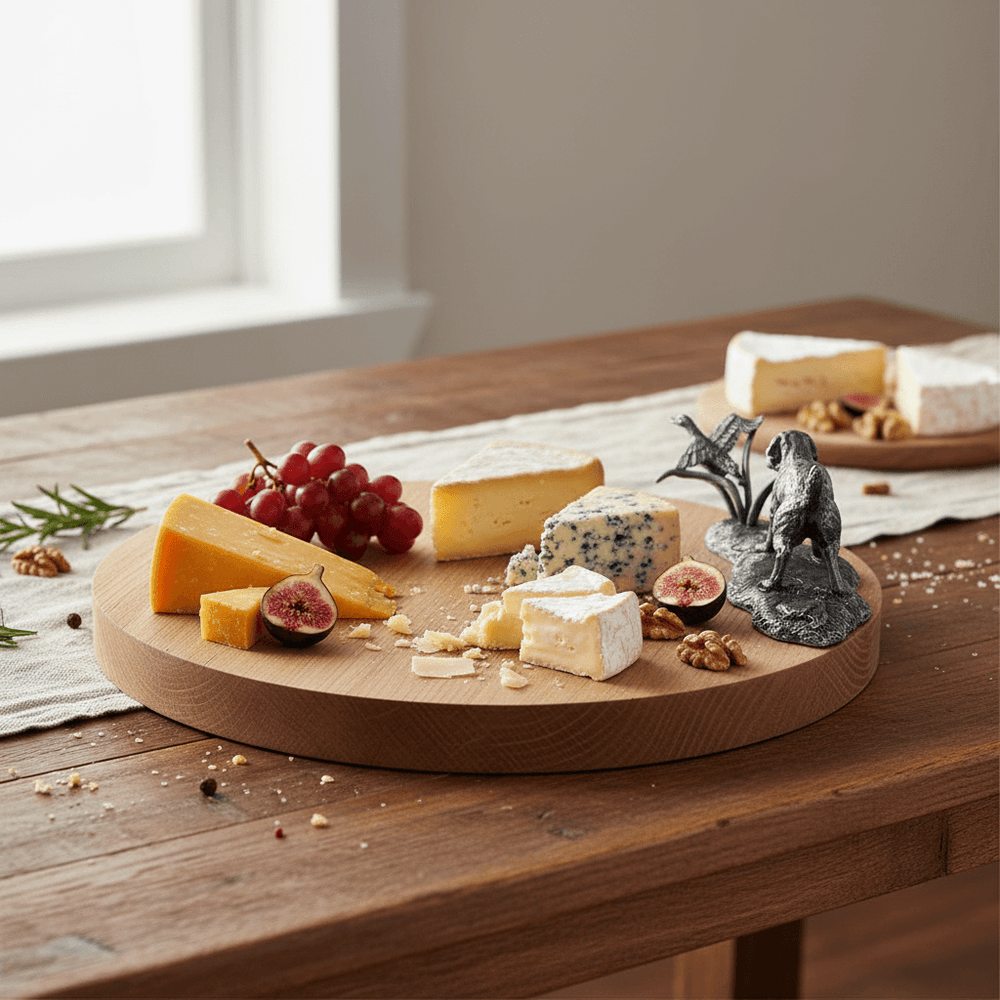 Wooden cheese board with assorted cheeses, fruits, and nuts on a wooden table.