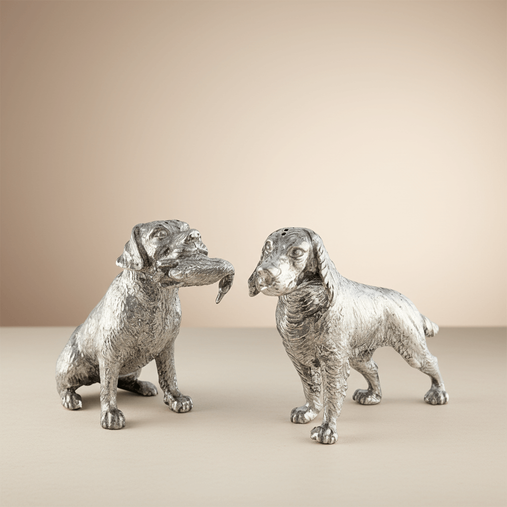 Handcrafted Pewter Hunting Dogs Salt & Pepper Set