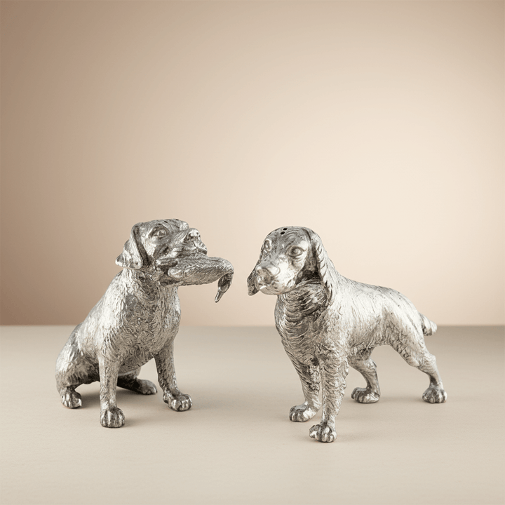 Handcrafted Pewter Hunting Dogs Salt & Pepper Set
