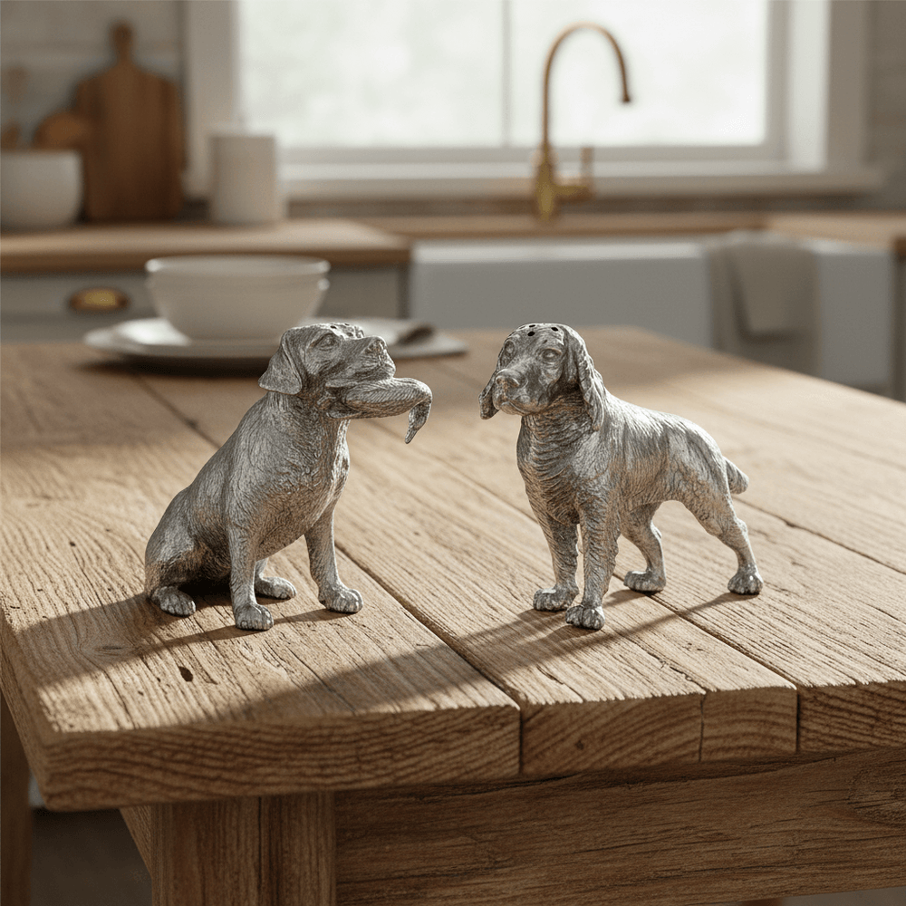 Handcrafted Pewter Hunting Dogs Salt & Pepper Set placed on a rustic kitchen table