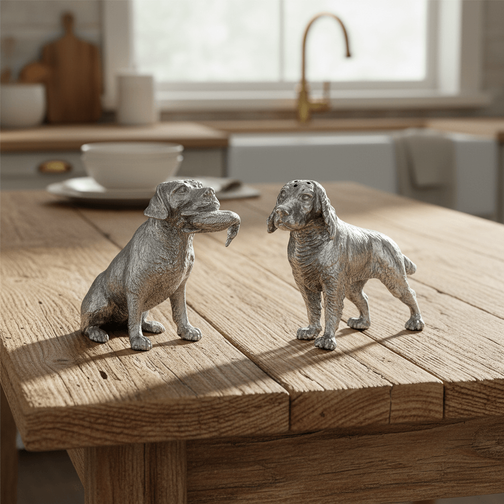 Handcrafted Pewter Hunting Dogs Salt & Pepper Set placed on a rustic kitchen table
