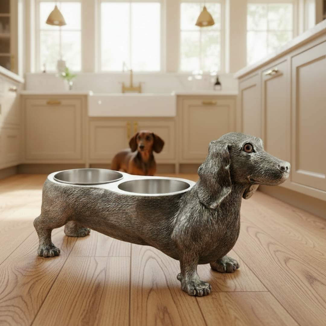 Handcrafted Luxury Pewter Dachshund Feeding Bowl Station