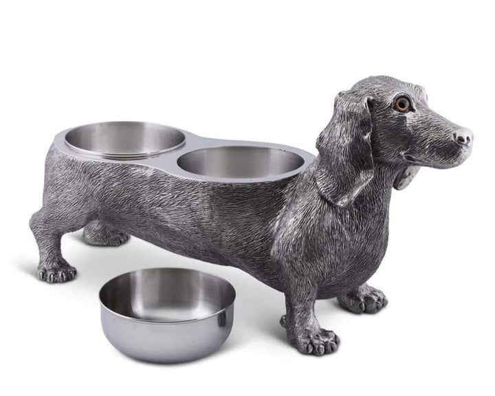 Handcrafted Luxury Pewter Dachshund Feeding Bowl Station