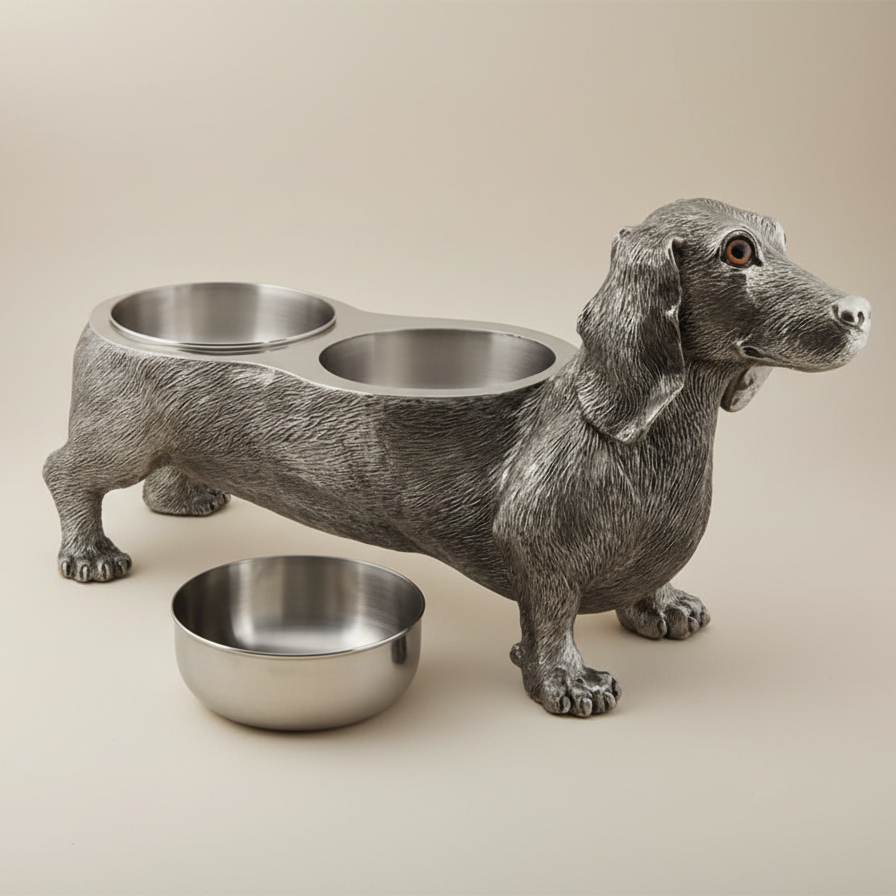 Dog-shaped metal bowl holder with two bowls on a beige background