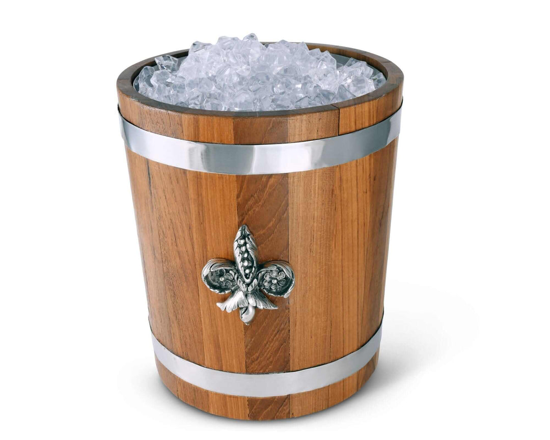 Wooden ice bucket with silver band and fleur-de-lis emblem on a white background