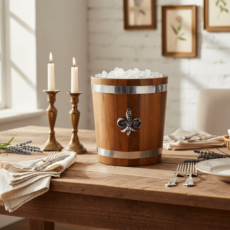 Handcrafted Teak and Pewter Fleur-de-Lis Ice Bucket on a dining table with candles and other tabletop decor
