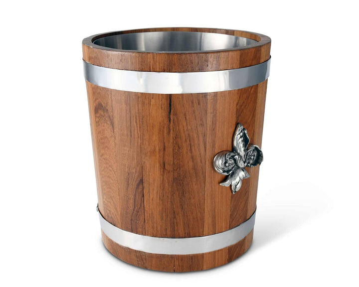 Wooden ice bucket with silver bands and decorative handle on a white background