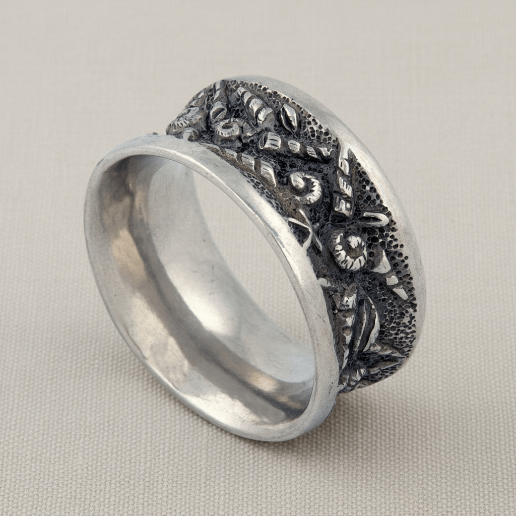 Silver napkinring with intricate design on a light gray background
