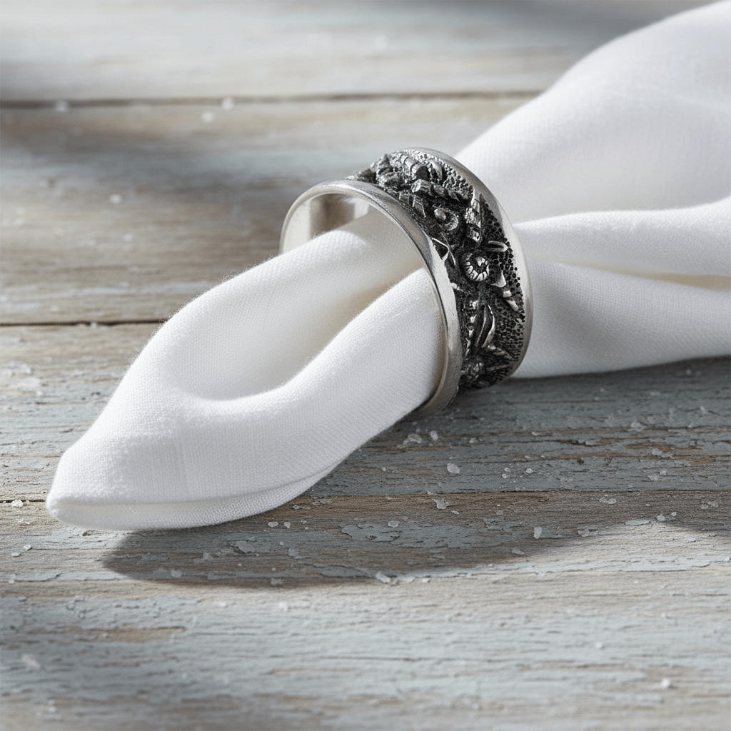 Decorative silver napkin ring holding a white napkin on a wooden surface