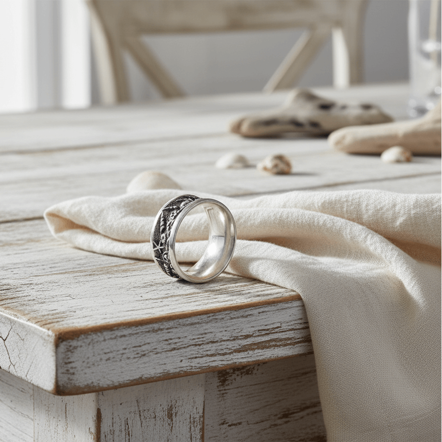 Silver napkin ring on a wooden table with a white napkin