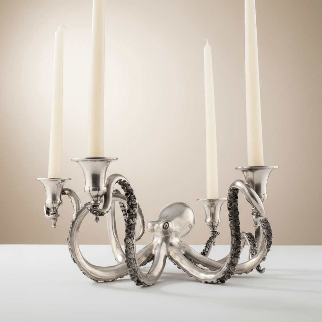 Silver octopus-shaped candle holder with four candles on a neutral background
