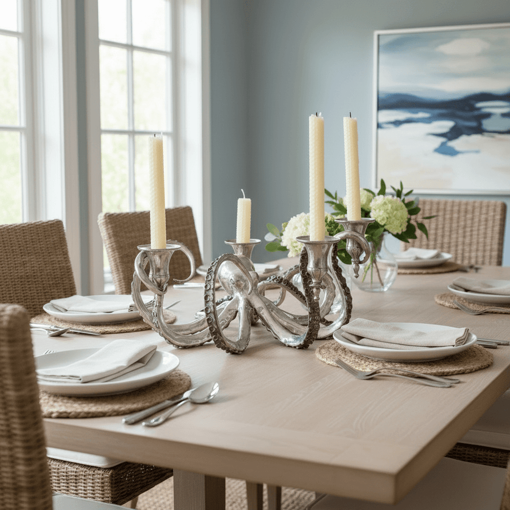 Dining table set with candle holder, plates, and cutlery in a room with large windows and a painting on the wall.