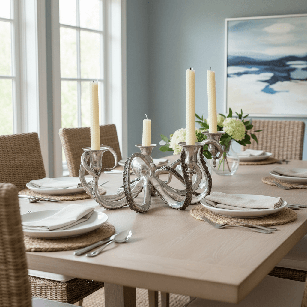 Dining table set with candle holder, plates, and cutlery in a room with large windows and a painting on the wall.