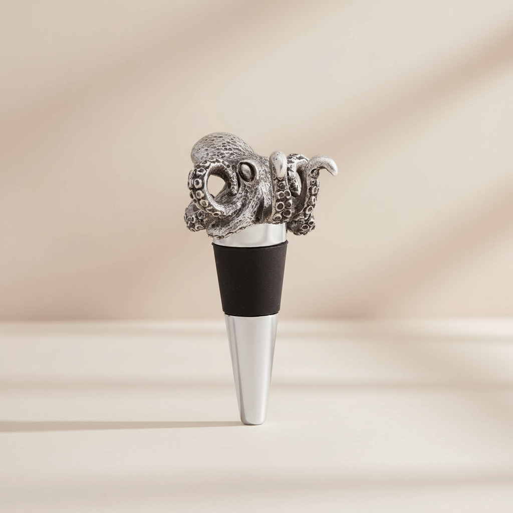 Metallic octopus-shaped bottle stopper on a beige background
