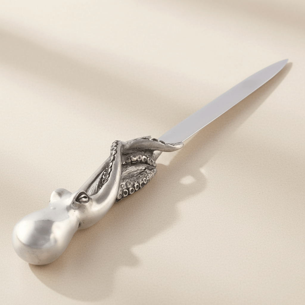 Decorative letter opener with an octopus design on a beige background
