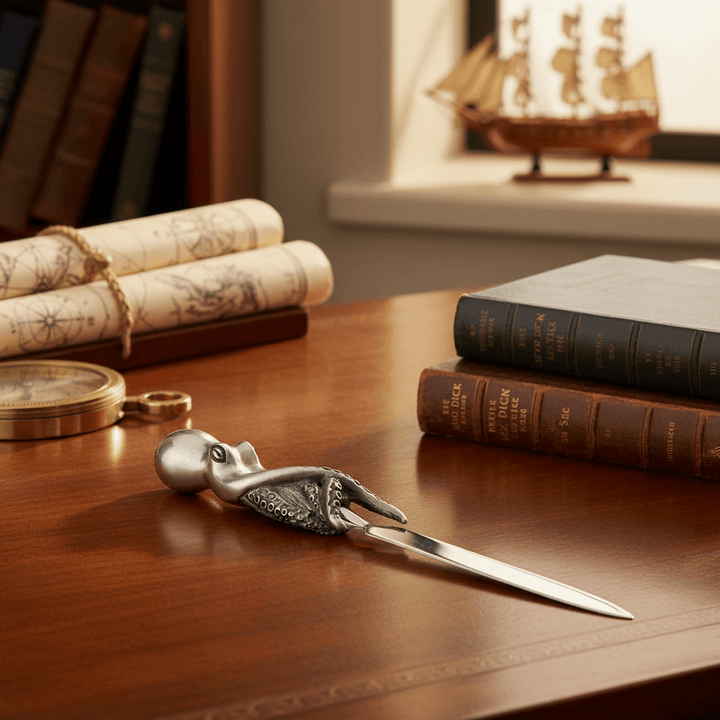 Decorative letter opener with a octopus design on a wooden desk with books and a ship model in the background.