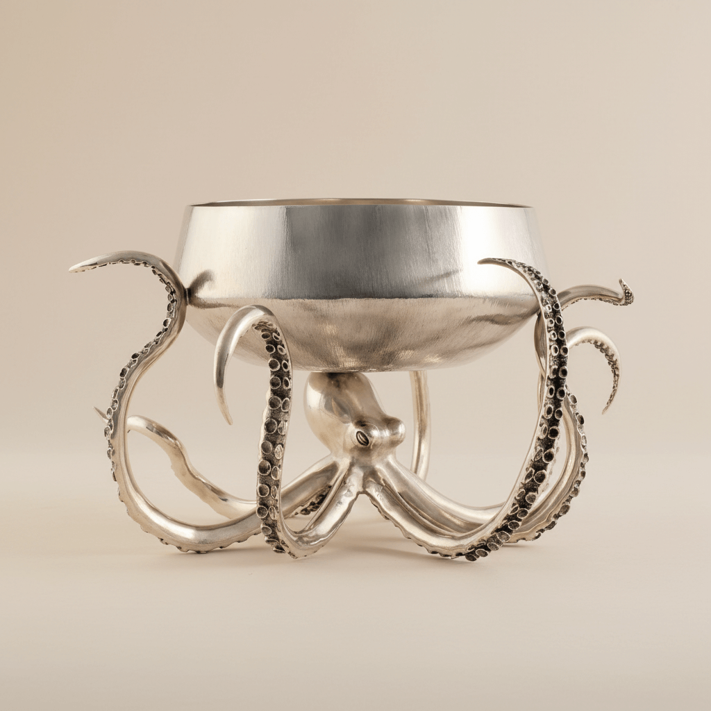 Silver octopus-shaped bowl on a beige background