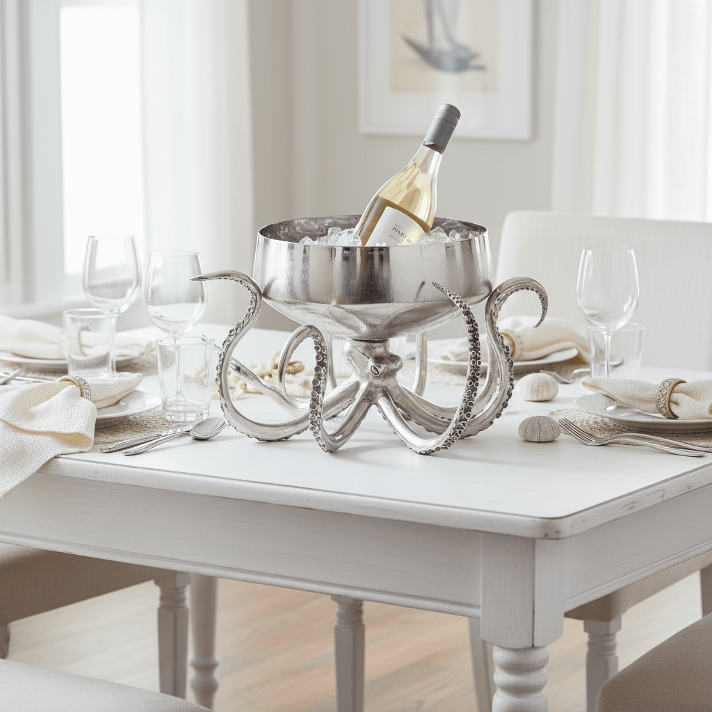 Decorative octopus metal ice bucket on a table with wine and glasses