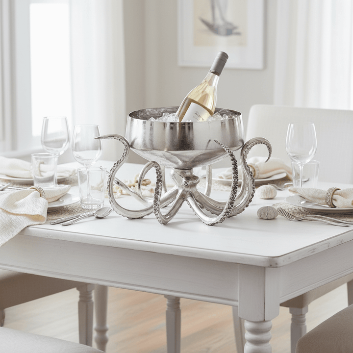 Decorative octopus metal ice bucket on a table with wine and glasses