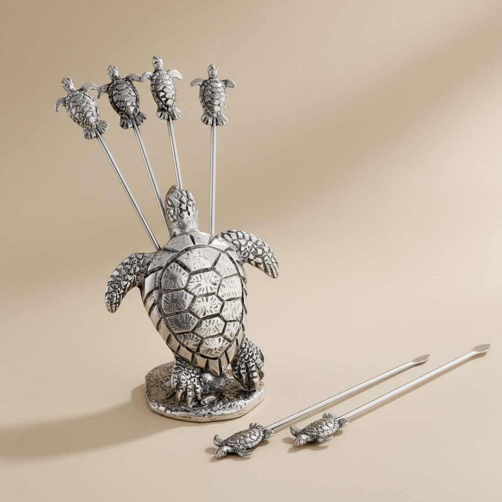 Decorative turtle stand with multiple skewers on a white background