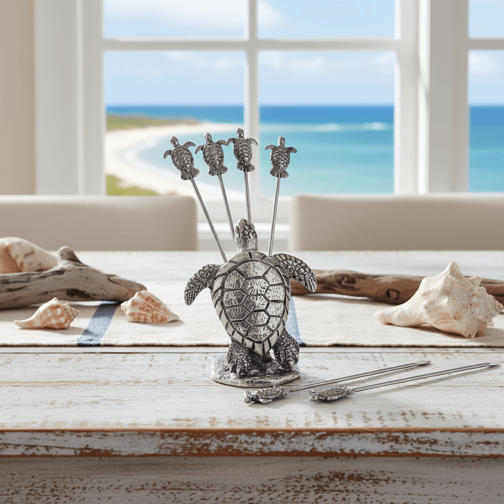 Vintage Coastal Pewter Sea Turtle Cocktail Pick Set