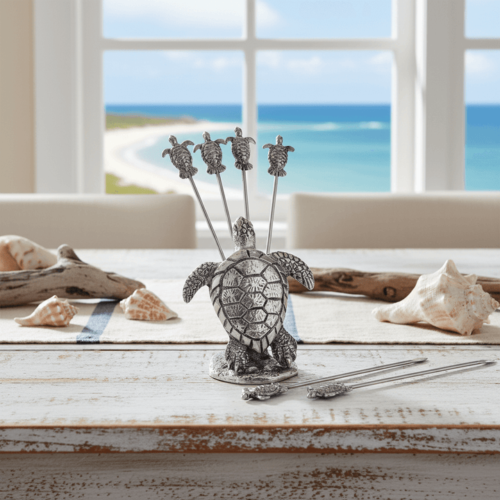 Vintage Coastal Pewter Sea Turtle Cocktail Pick Set