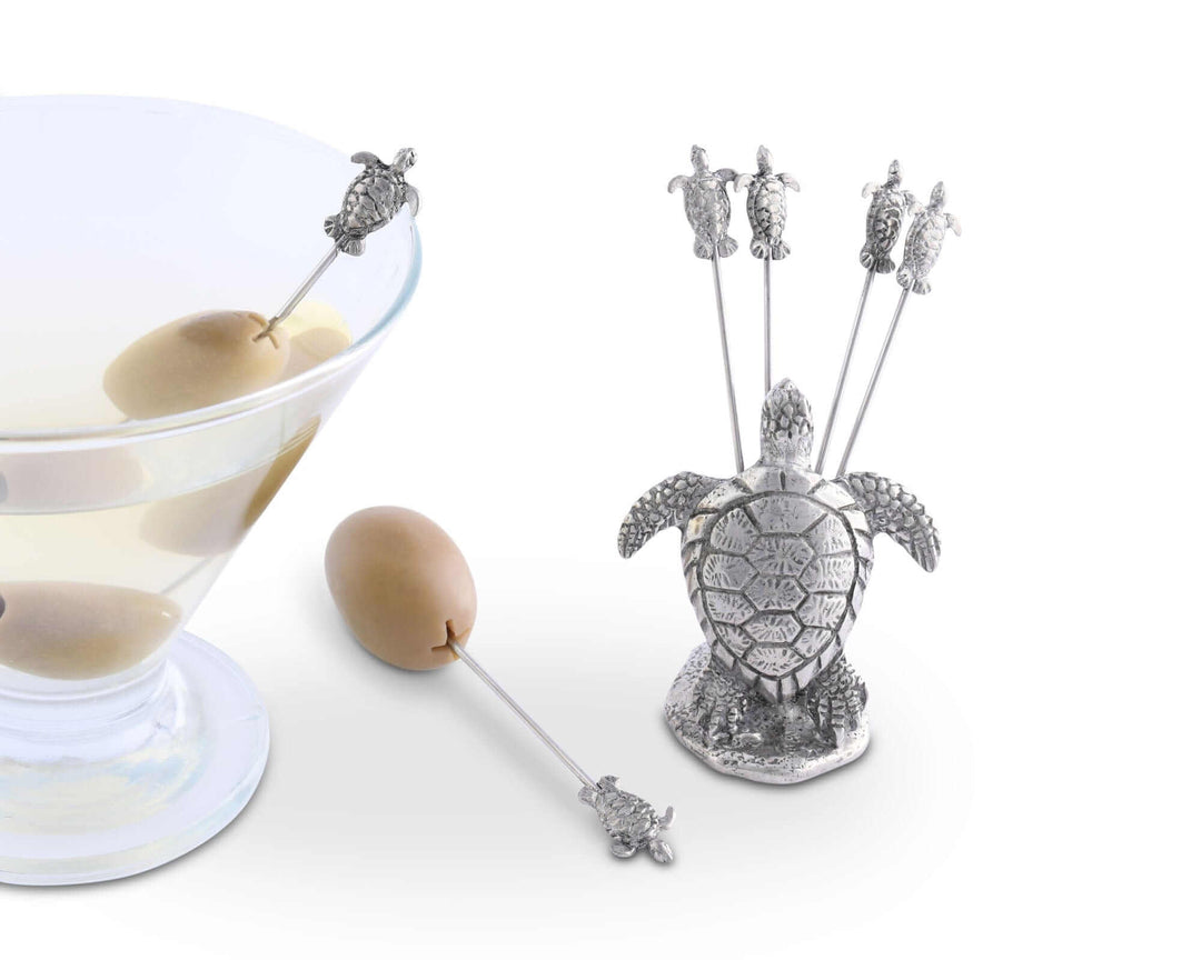 Vintage Coastal Pewter Sea Turtle Cocktail Pick Set
