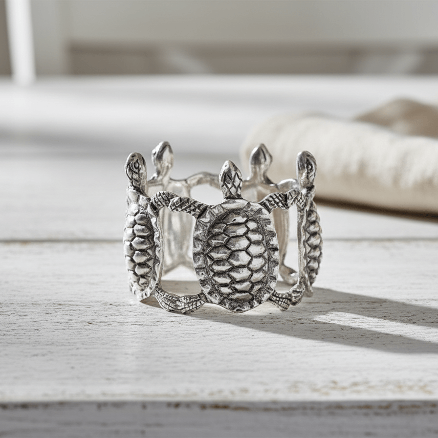 Silver napkin ring with intricate turtle design on a wooden surface