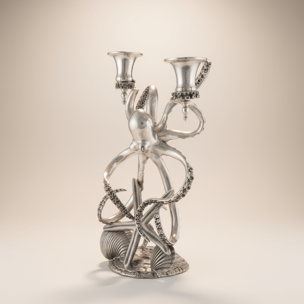 Silver octopus-shaped candelabrum on a beige background