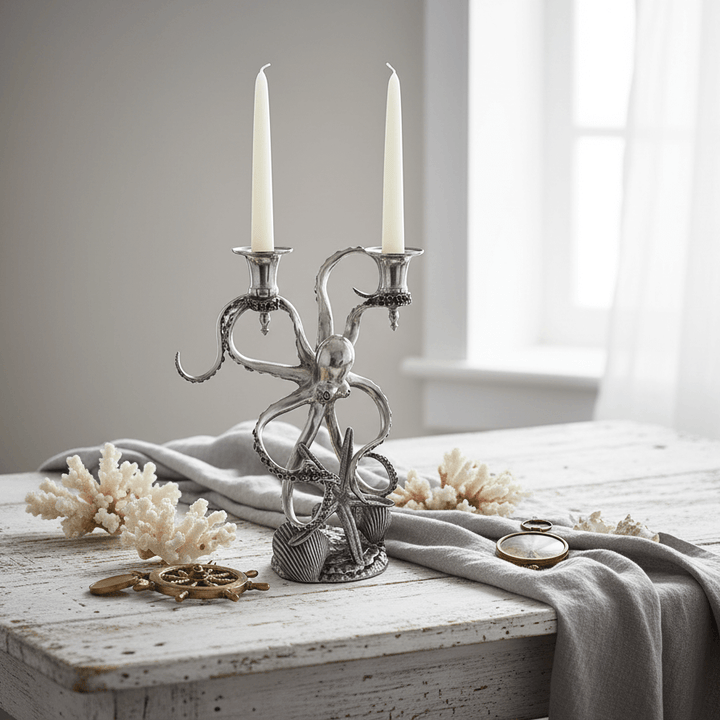 Decorative silver octopus candle holder with two white candles on a wooden table.