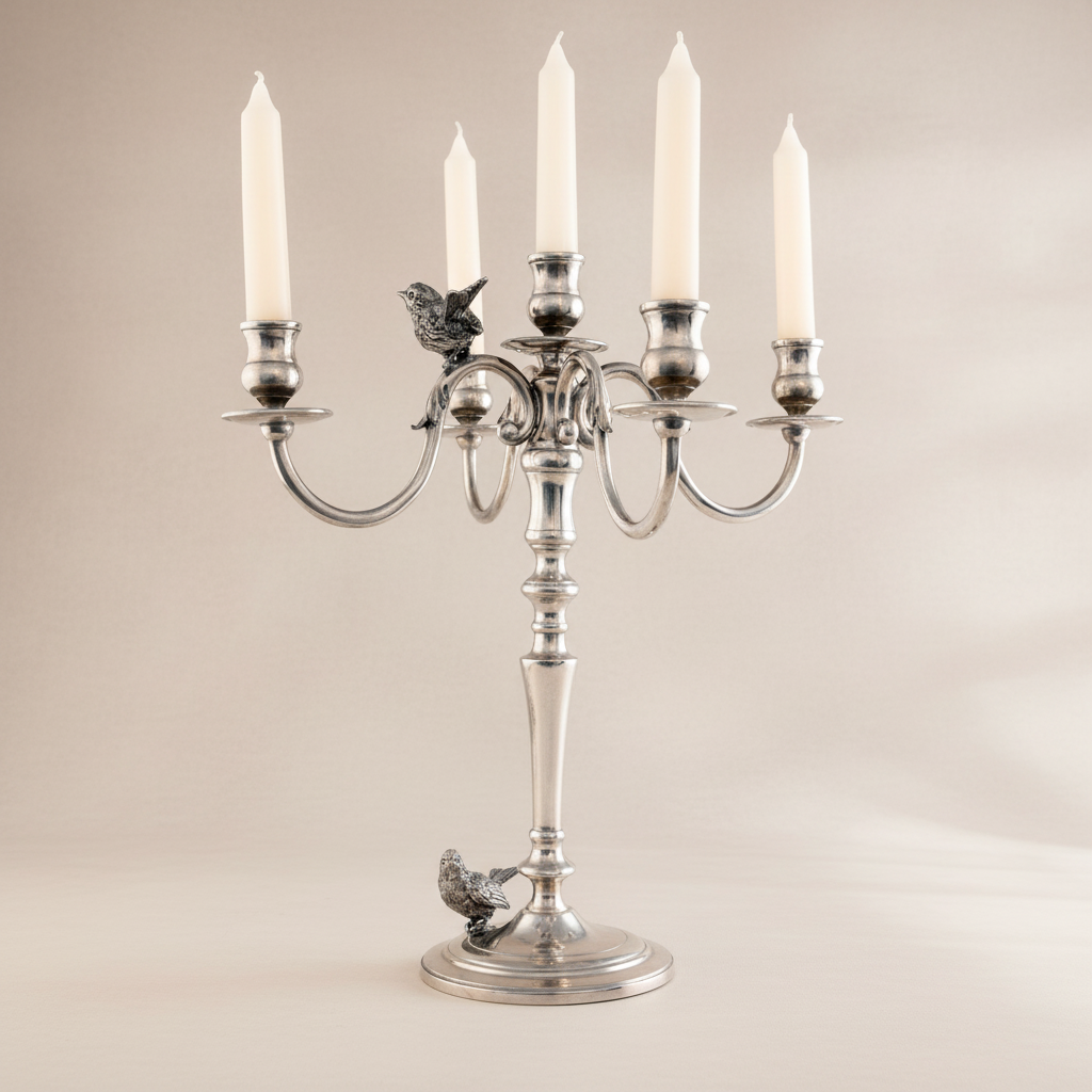 Silver candelabra with five candles on a beige background
