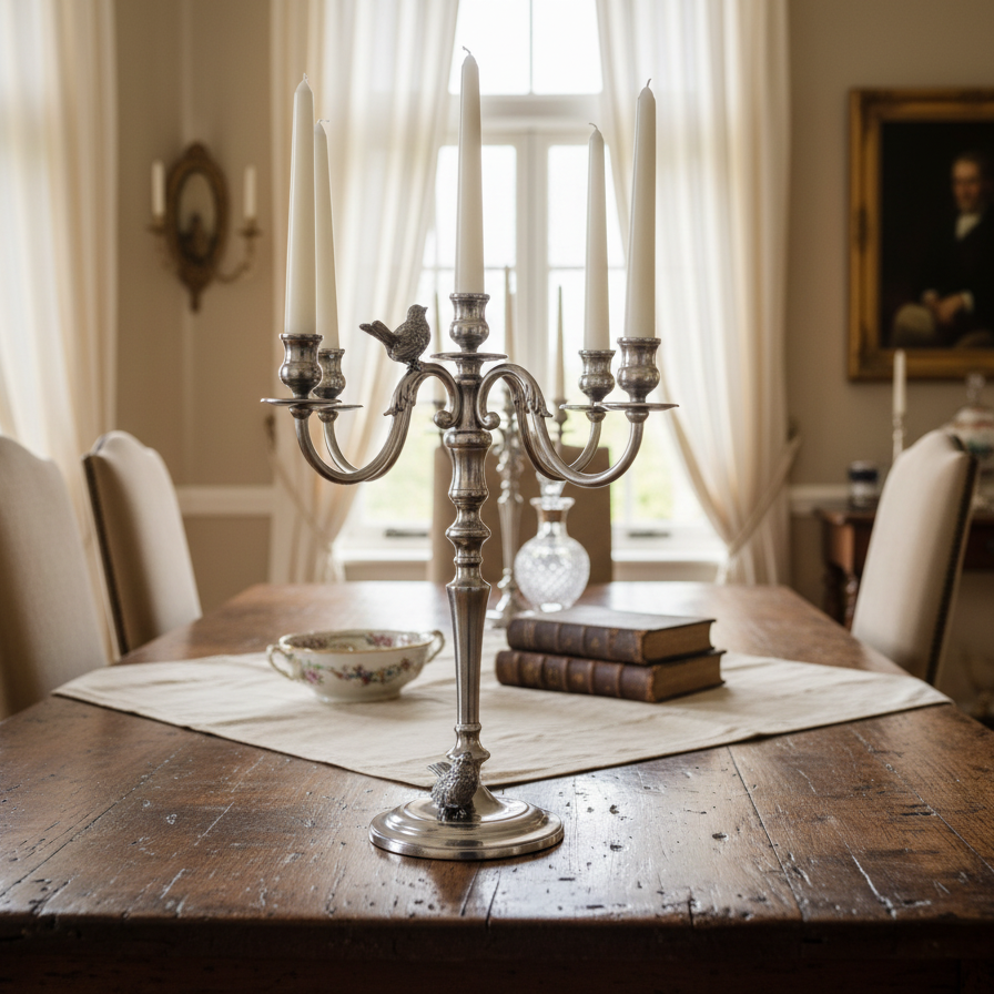Vintage-style candelabra on a wooden dining table with books and a bowl in a softly lit room.