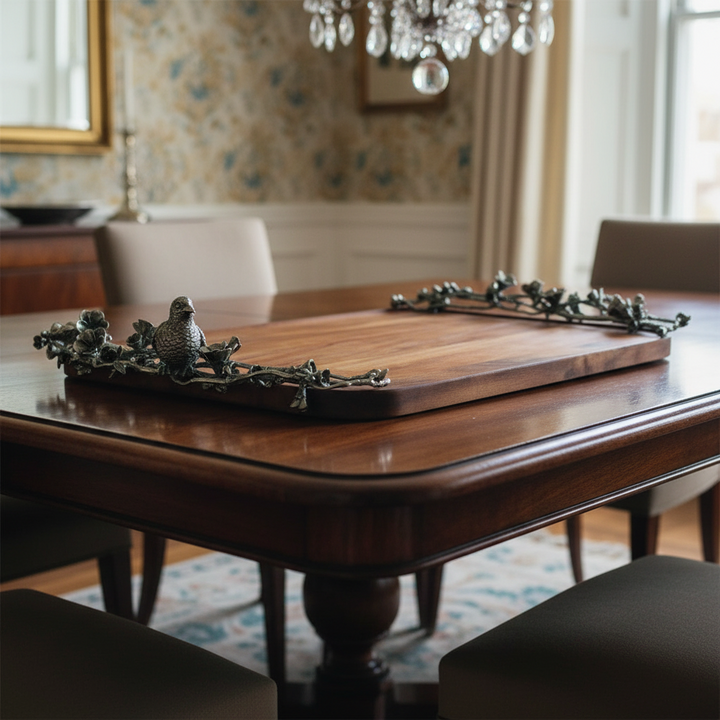 Dining room with wooden table and decorative metal tray.