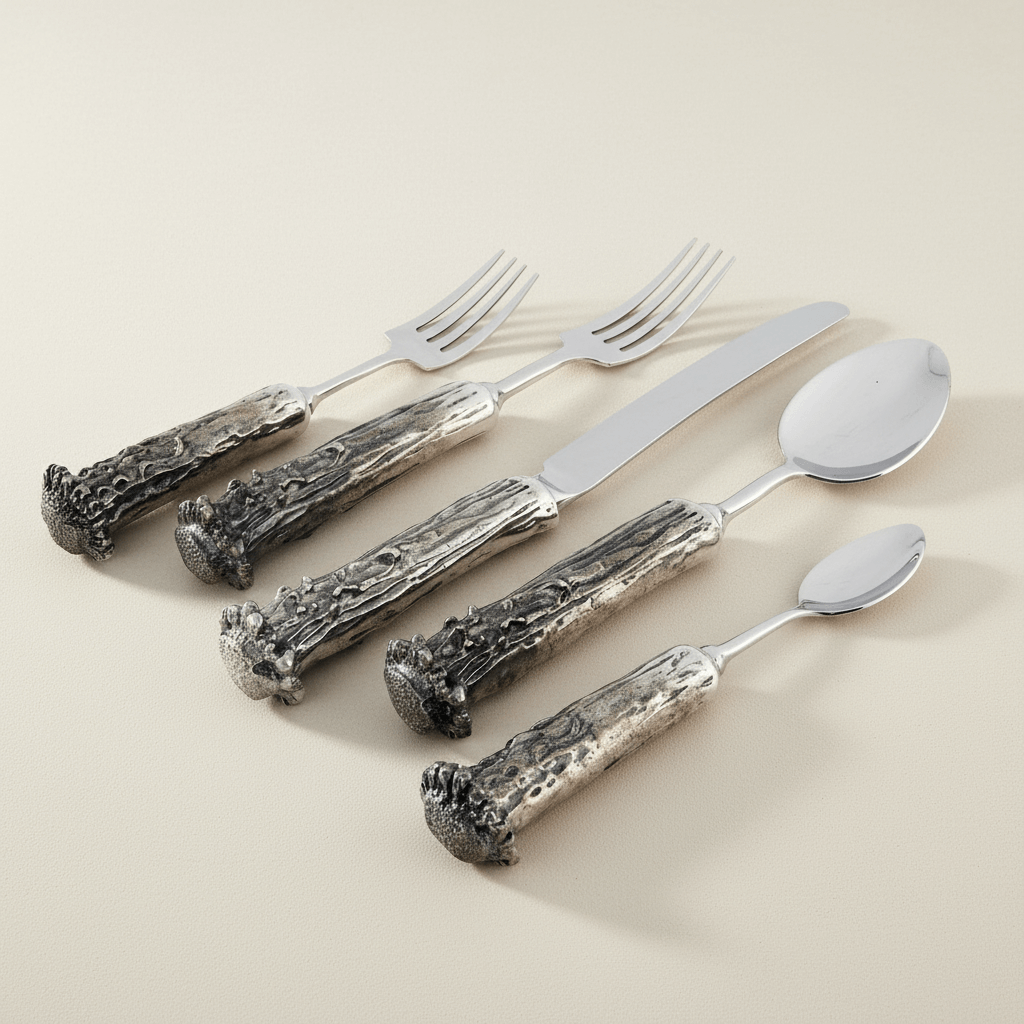 Set of pewter flatware with Western styled antler handles on a beige background