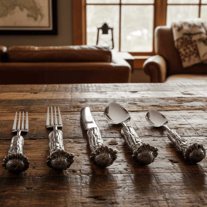 Set of silver cutlery on a wooden table with a cozy room in the background