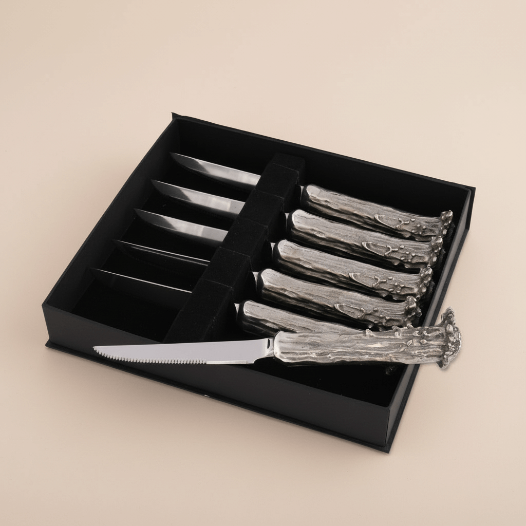 Set of decorative steak knives with antler handles in a black box on a beige background