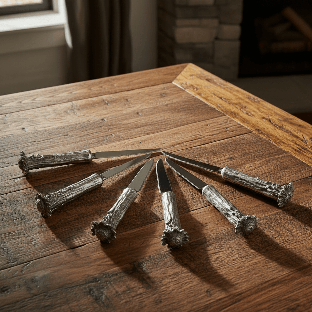 Handcrafted Western Pewter Antler Steak Knife Set on a rustic dining table