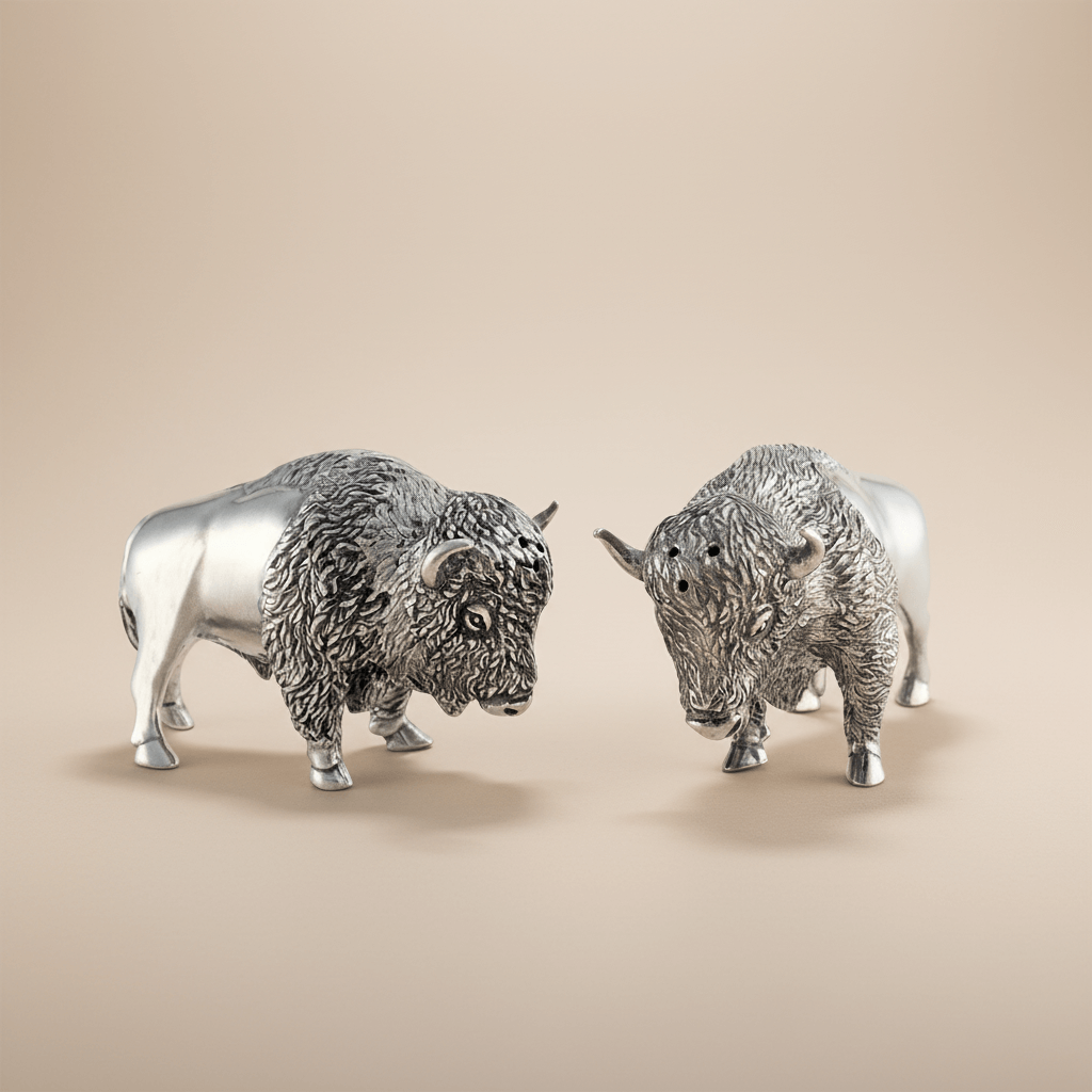 Two silver buffalo figurines (salt and pepper shakes) on a beige background