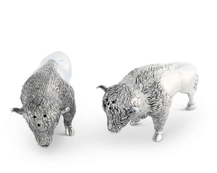 Silver buffalo salt and pepper shakers on a white background