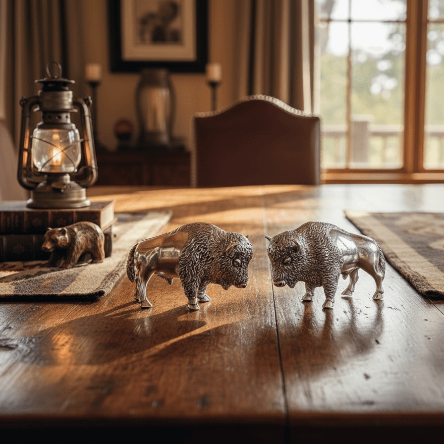 Two metallic buffalo figurines on a wooden table with a lantern and decorative items in the background.