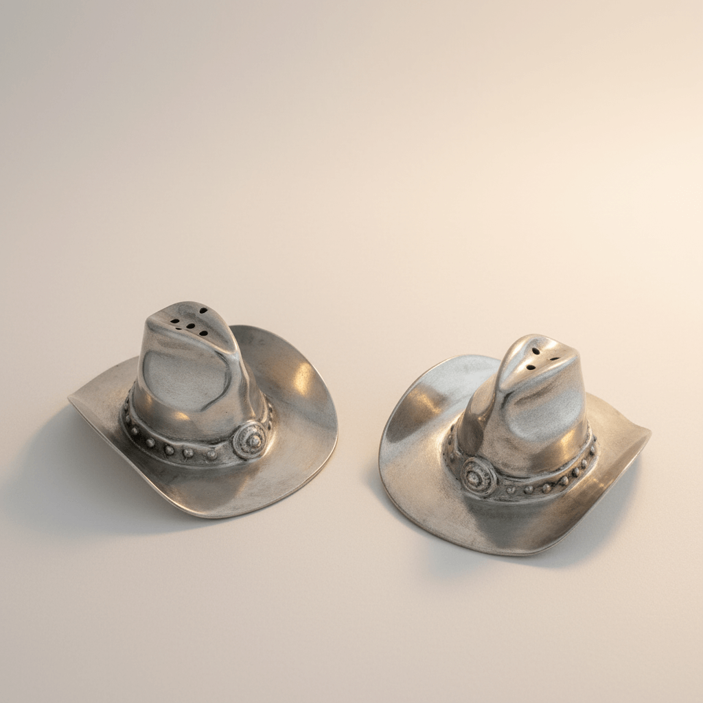 Pair of silver cowboy hat-shaped salt and pepper shakers on a light background