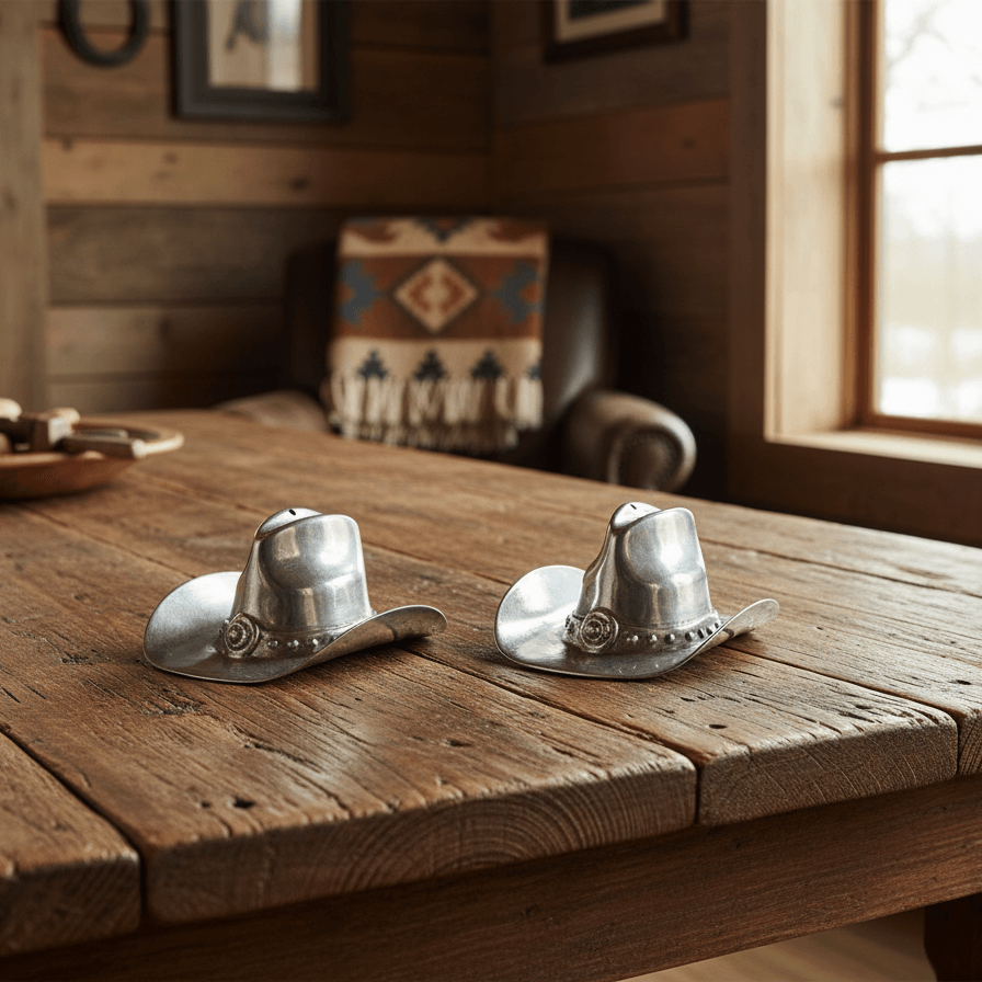 Two silver cowboy hats shakers on a wooden table with a rustic background