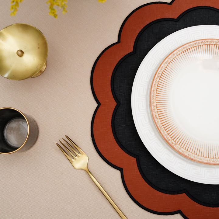 SERENITY BLACK ORANGE SCLALOPED FAUX LEATHER PLACEMAT (Set Of 4)